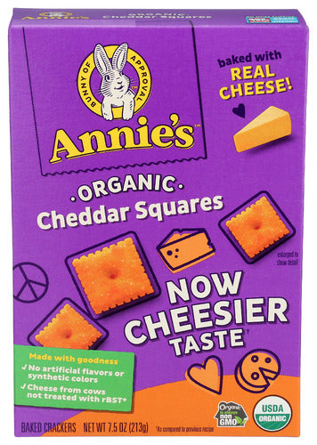 Annies Homegrown 
Cracker Square Cheddar, 7.5 OZ.