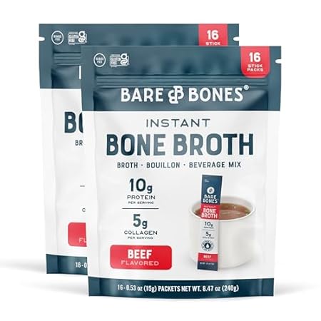 Bare Bones Beef Bone Broth Instant Powdered Mix | Rich Savory Packets on-the-Go No Artificial Flavors | 100% Grass Fed Keto & Paleo Friendly | Sticks 10g Protein | 32 Pack