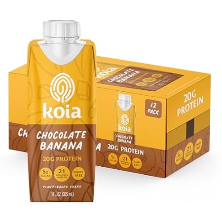 Koia Plant Based Protein Shake, Chocolate Banana, 20g Protein, 5g Sugar, 6g Prebiotic Fiber, 21 Vitamins & Minerals, Meal Replacement Drinks, Dairy-Free, Gluten-Free, Non-GMO, 11 Fl Oz (Pack of 12)