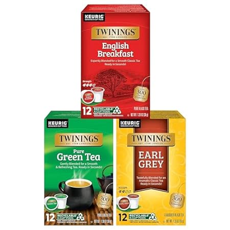 Twinings 36 K-Cup Pods Variety Pack, Includes English Breakfast, Earl Grey, and Green for Keurig and Single Cup Brewers, 12 Count (Pack of 3), Caffeinated, Enjoy Hot or Iced
