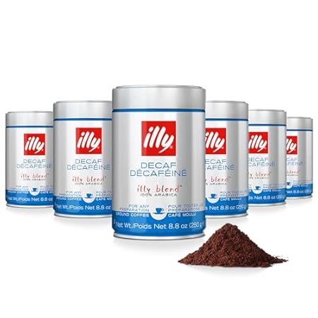 Illy Ground Espresso Coffee, Decaffeinated - Medium Roast - Mild & Balanced - 100% Arabica - Pressurized Packaging Sealed for Freshness - 8.8oz (Pack of 6)