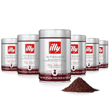 Illy Ground Drip Coffee - Intenso Bold Roast - Bold & Flavorful - 100% Arabica - Pre-Ground for Drip Pour Over - Pressurized Packaging Sealed for Freshness - 8.8oz (Pack of 6)