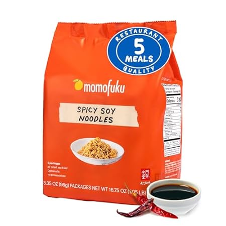 Momofuku Spicy Soy Ramen Noodles by David Chang, 5 Count (Pack of 1) Air-Dried Vegan Instant Noodles with Sauce