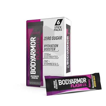 BODYARMOR Flash IV Electrolyte Packets, Grape - Zero Sugar Drink Mix, Single Serve Packs, Coconut Water Powder (6 Count)