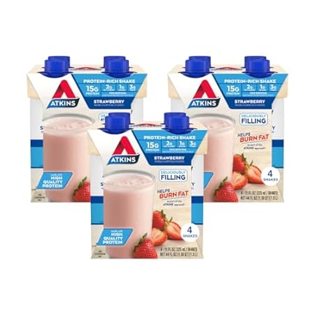 Atkins Strawberry Flavored Protein Shake, High Protein, Low Glycemic, Low Sugar and Low Carb, Keto Friendly, Gluten Free, 12 Count