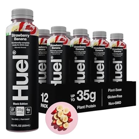Huel Black Edition Ready-to-Drink | Strawberry Banana Meal Replacement Shake | 35g High Protein Drink | 27 Vitamins & Minerals, Vegan, Gluten Free | Plant Based | Low Sugar | 16.9 Fl Oz, 12 Pack