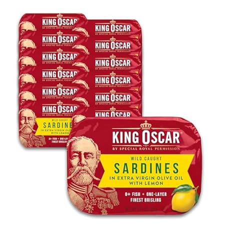 King Oscar Premium Sardines in Extra Virgin Olive Oil with Lemon, 3.75-Ounce Cans (Pack of 12), Wild Caught Canned Sardines