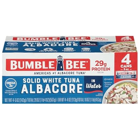 Bumble Bee Solid White Albacore Tuna in Water, 5 oz Can (Pack of 4) - Wild Caught Tuna - 29g Protein per Serving, High in Omega-3s - Non-GMO Project Verified, Gluten Free, Kosher