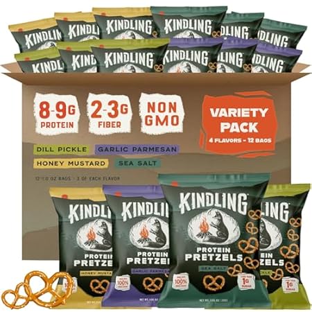 Kindling Protein Pretzels, Sea Salt, Dill Pickle, Honey Mustard, Garlic Parmesan, Kosher, 8-9 g Protein, 1-2 g of Total Sugar, No Artificial Flavors, Soy-Free, for Kids, Office 12 1.06oz Pack, 3 Each