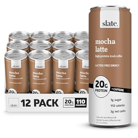 Slate Milk - High Protein Iced Coffee - Mocha Latte - 175mg Caffeine, Lactose Free Energy - 20g Protein, 1g Sugar, 110 Calories, 3g Net Carbs, No Sugar Added - Protein Coffee - 11 fl oz, 12 Cans