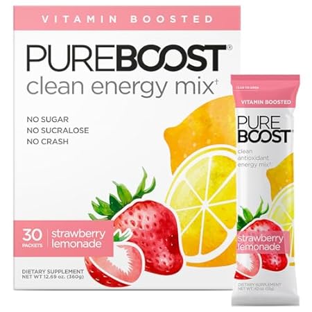 Pureboost Clean Energy Booster, Refreshing Energy Drink Mix with B12 Vitamins, Electrolytes, Antioxidants, Sugar-Free with No Sucralose (Strawberry Lemonade, 30 Count)