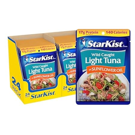 StarKist Chunk Light Tuna in Sunflower Oil, 2.6 oz Pouch (24 Pack) Ready to Eat Wild Caught Tuna, 17g Protein, 140 Calories Per Serving, Gluten Free, Soy Free, Kosher, Perfect for Meals and Snacks