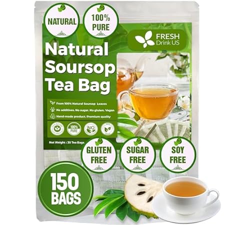 FreshDrinkUS, 150 Premium Soursop Graviola Leaf Tea Bags, 100% Natural and Pure, Hand-made, Made With Natural Materials-Corn Fiber Tea Bag, Sugar/Caffeine/Gluten Free, Hoja Guanabana Tea
