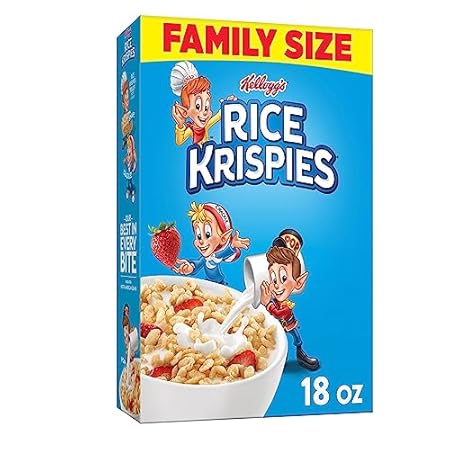 Kellogg's Rice Krispies Cold Breakfast Cereal, 8 Vitamins and Minerals, Rice Krispies Treats, Family Size, Original, 18oz Box (1 Box)