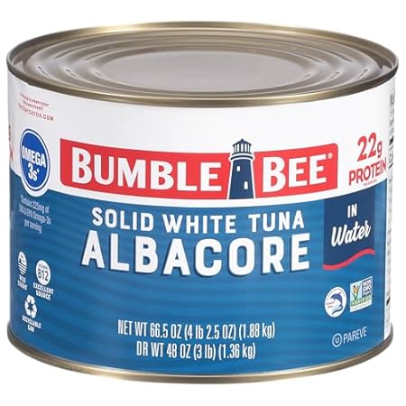 Bumble Bee Solid White Albacore Tuna in Water, 66.5 oz Bulk Food Service Can - Wild Caught Tuna - 21g Protein per Serving, High in Omega-3s - Non-GMO Project Verified, Gluten Free, Kosher