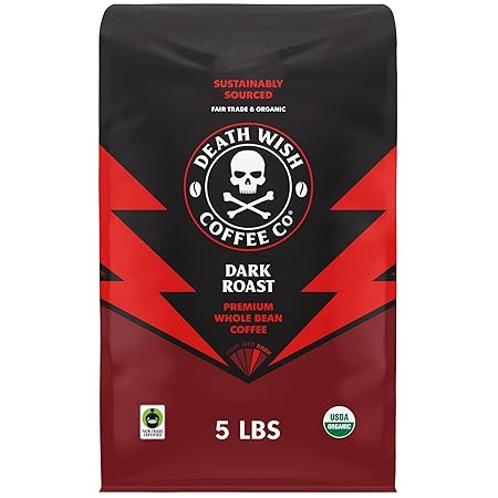 Death Wish Coffee Whole Bean Dark Roast - USA Organic Coffee Beans - Fair Trade Arabica & Robusta Coffee Beans - Dark Roast Coffee Beans (80 oz.)