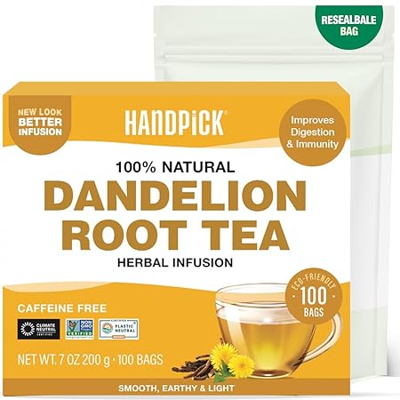 HANDPICK - Dandelion Root Tea bags, 100 Teabags - Natural Dandelion Herbal Tea for Liver & Kidney Health - Non-GMO - Caffeine-free - Support Digestion & Boost Immune System
