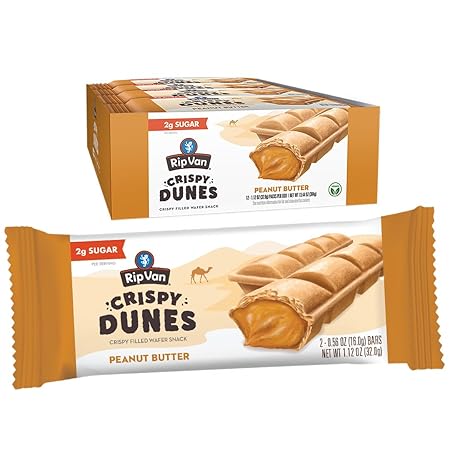Crispy Dunes Peanut Butter Wafer Sticks – Low-Calorie Snack with Peanut Butter Cream Filling, 90 Calories, Non-GMO, Prebiotic Fiber - 12 Pack