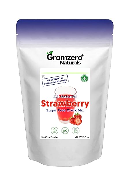 GramZero All Natural Strawberry Zero Calorie Sugar Free Drink Mix, Great For Nutrition Club Loaded Tea, Stevia Sweetened