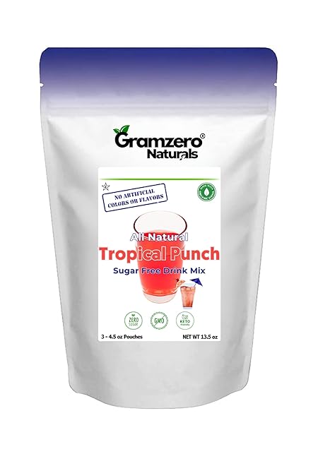 GramZero All Natural Tropical Punch Zero Calorie Sugar Free Drink Mix, Great For Nutrition Club Loaded Tea, Stevia Sweetened