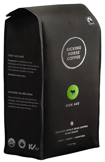 Kicking Horse Coffee Kick Ass, Dark Roast, Whole Bean, Certified Organic, Fairtrade, Kosher, Black, 1 Kg, Pack of 6