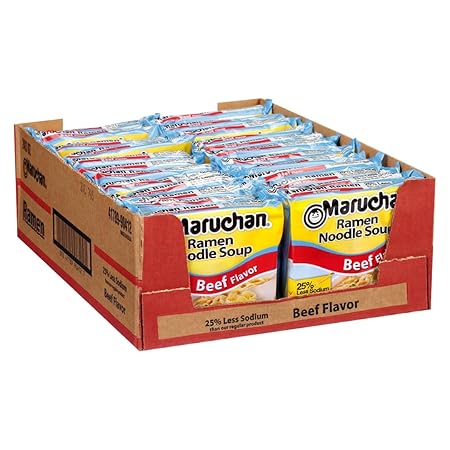 Maruchan Ramen Less Sodium Beef, Instant Ramen Noodles, Ready to Eat Meals, 3 Oz, 24 Count