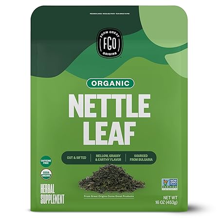 FGO Organic Nettle Leaf Loose Tea, Cut and Sifted, Caffeine Free, 16oz Bulk Resealable Bag, Packaging May Vary (Pack of 1)