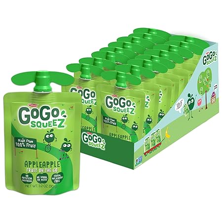 GoGo squeeZ Applesauce and Fruit Puree, Apple Apple, 3.2 oz (Pack of 18), Unsweetened Fruit Snacks for Kids, Gluten Free, Nut Free and Dairy Free, Recloseable Cap, BPA Free Pouches