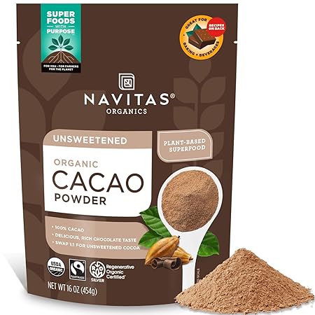 Navitas Organics Cacao Powder - Cocoa Powder Substitute 1:1, For Hot Chocolate, Baking & More - Regenerative Organic Certified, Non GMO, Fairtrade, Gluten Free, Non-alkalized (16oz. Bag, 76 Servings)