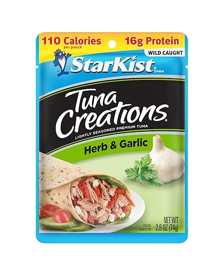StarKist Tuna Creations Herb and Garlic, 2.6 oz Pouch (1 Pack) Ready to Eat Wild Caught Tuna, 15g Protein, 110 Calories Per Serving, Kosher, Perfect for Salads, Meals and Snacks