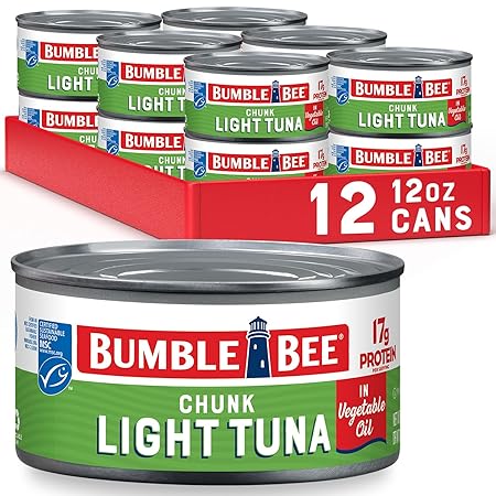 Bumble Bee Chunk Light Tuna In Oil, 12 oz Can (Pack of 12) - Wild Caught Skipjack Tuna - 17g Protein Per Serving - MSC Certified Sustainable Seafood, Non-GMO, Gluten Free, Kosher
