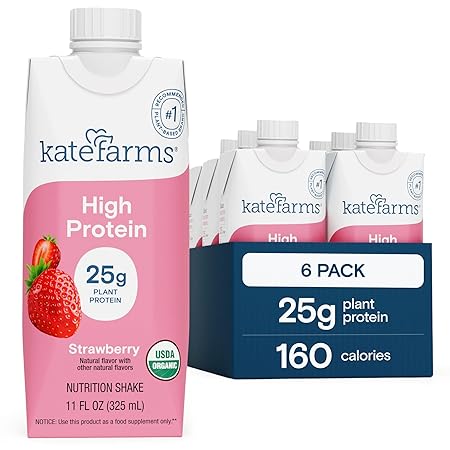 KATE FARMS Organic High Protein Strawberry Nutrition Shake, 25g Protein, 6g Fiber, 27 Vitamins and Minerals, 0g Sugar, Protein Drink, 11 oz (6 Pack)