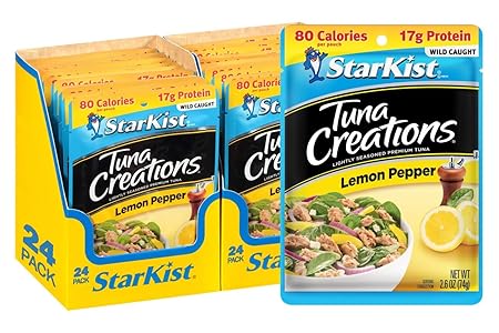 StarKist Tuna Creations Lemon Pepper, 2.6 oz Pouch (24 Pack) Ready to Eat Wild Caught Tuna, 16g Protein, Gluten Free, Soy Free, Kosher, Perfect for Salads, Keto Meals and Snacks