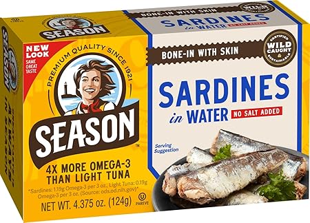 Season Sardines in Water - No Salt Added, Wild Caught, 22g of Protein, Keto Snacks, More Omega 3's Than Tuna, Kosher, High in Calcium, Canned Sardines - 4.37 Oz Tins, 24-Pack