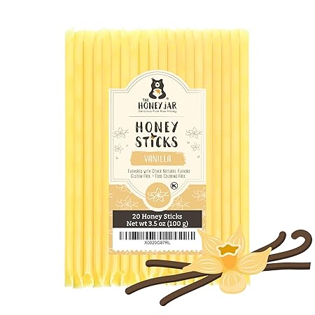 The Honey Jar Vanilla Flavored Honey Sticks - Pure Honey Straws For Tea, Coffee, or a Healthy Treat - One Teaspoon of Flavored Honey Per Stick - Made In The USA with Real Honey - (20 Count)