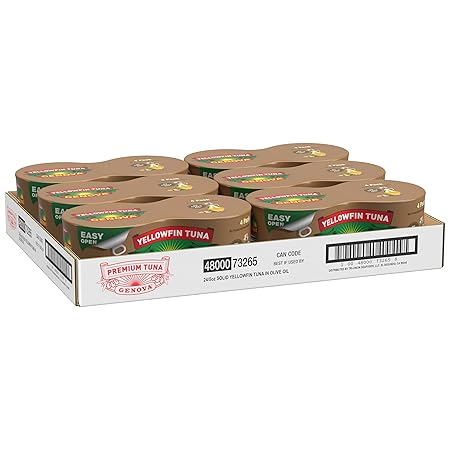 Genova Premium Yellowfin Tuna in Olive Oil, 4 - 5 Ounce Cans (Pack of 6), Wild Caught Canned Tuna, Solid Light