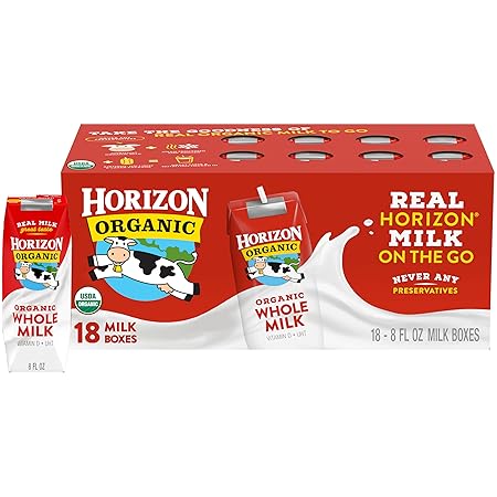 Horizon Organic Shelf Stable Whole Milk Boxes, 8 fl oz, 18 Count - 8g Protein per Serving, USDA Organic UHT from Pasture-Raised Cows, Ready to Drink for Lunchbox, Travel, or On-the-Go, No Refrigeration Needed