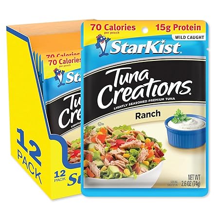 StarKist Tuna Creations Ranch, 2.6 oz Pouch (12 Pack) Ready to Eat Wild Caught Tuna, 15g Protein, 70 Calories Per Serving, Gluten Free, Soy Free, Kosher, Perfect for Salads, Keto Meals and Snacks