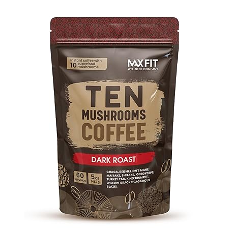 Instant Mushroom Coffee Dark Roast (60 Servings) With 10 Mushrooms (Lions Mane, Cordyceps, Turkey Tail & Other) Mixed With Gourmet 100% Arabica Instant Coffee for Focus & Gut Health Support
