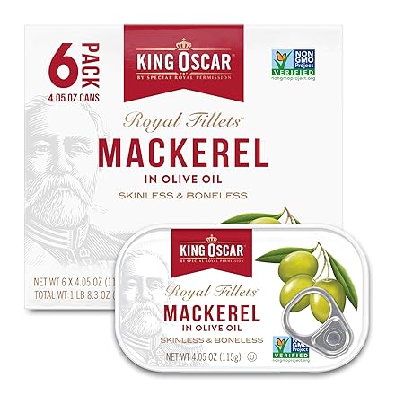 King Oscar Mackerel in Olive Oil, 4.05 Ounce Can (Pack of 6, Packaging May Vary), Skinless & Boneless, Wild Caught Canned Mackerel
