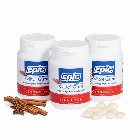 Epic 100% Xylitol Cinnamon Chewing Gum - Sugar Free, Aspartame Free Dental Gum - Supports Oral Health & Fresh Breath - 50 Pieces (Pack of 3)