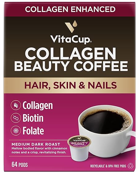 VitaCup Beauty Collagen Coffee Pods for Hair, Skin & Nails, with Biotin & Folate, Medium Dark Roast, Keto Friendly, Recyclable Single Serve Pod Compatible with Keurig K-Cup Brewers,64 Ct