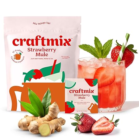 Craftmix Strawberry Mule Cocktail & Mocktail Drink Mixer, Skinny Mixes - Water Flavoring Packets - Made With Real Fruit - Vegan, Low-Carb, Low-Sugar, Non-GMO, Dairy Free, Gluten Free, 24 Pack