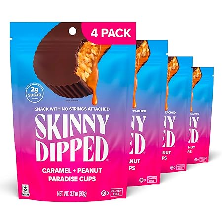 SkinnyDipped Caramel Peanut Paradise Cups, 2g Sugar per Cup, Gluten Free, Low Carb Snack, 3.2oz Resealable Bags, 6 Count (Pack of 4)