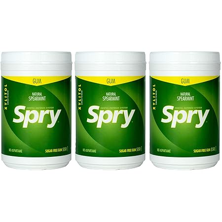 Spry Fresh Natural Xylitol Chewing Gum Dental Defense System - Aspartame-Free, Sugar-Free, Non-GMO, Gluten-Free (Spearmint, 550 Count - Pack of 3)