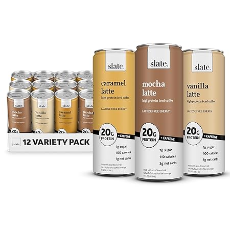 Slate Milk - High Protein Iced Coffee - Energy Variety Pack - Caramel Latte, Mocha Latte, Vanilla Latte - 175mg Caffeine, Lactose Free - 20g Protein, 1g Sugar - Protein Coffee - 11 fl oz, 12 Cans