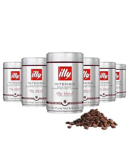 Illy Whole Bean Coffee, Intenso Bold Roast - Bold & Flavorful - 100% Arabica - Whole Beans - Pressurized Packaging Sealed for Freshness - 8.8oz can (Pack of 6)