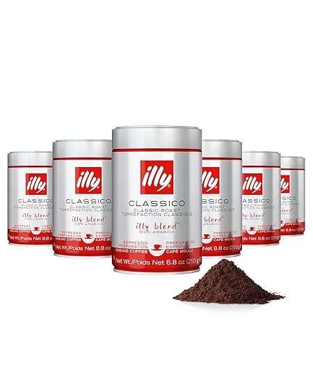 Illy Ground Espresso Coffee, Classico Medium Roast - Mild & Balanced - 100% Arabica - Pre-Ground for Espresso - Pressurized Packaging Sealed for Freshness -8.8oz (Pack of 6)