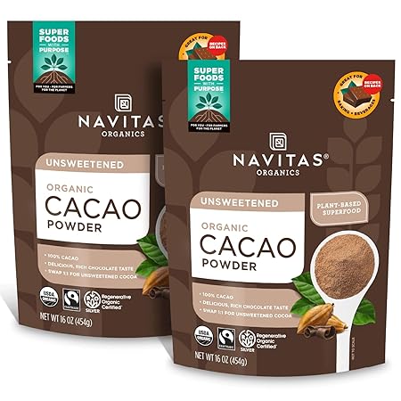 Navitas Organics Cacao Powder - Cocoa Powder Substitute 1:1, For Hot Chocolate, Baking & More - Regenerative Organic Certified, Non GMO, Fairtrade, Gluten Free, Non-alkalized (16oz. Bag, Pack of 2)