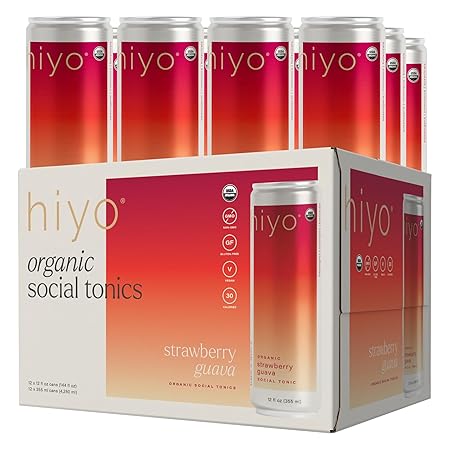 Hiyo Organic Social Tonic - Strawberry Guava, 12 Pack - N.A. Functional Seltzer, Sparkling Water Crafted with Organic Adaptogens, Nootropics & Botanicals